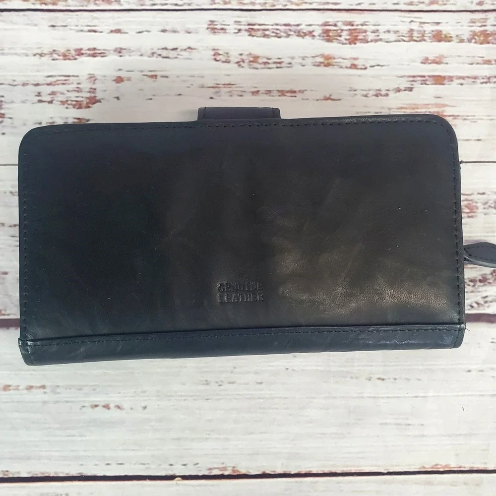 Vtg Guang Tong Black Genuine Leather Wallet Multi Pockets Basic Neutral Minimal